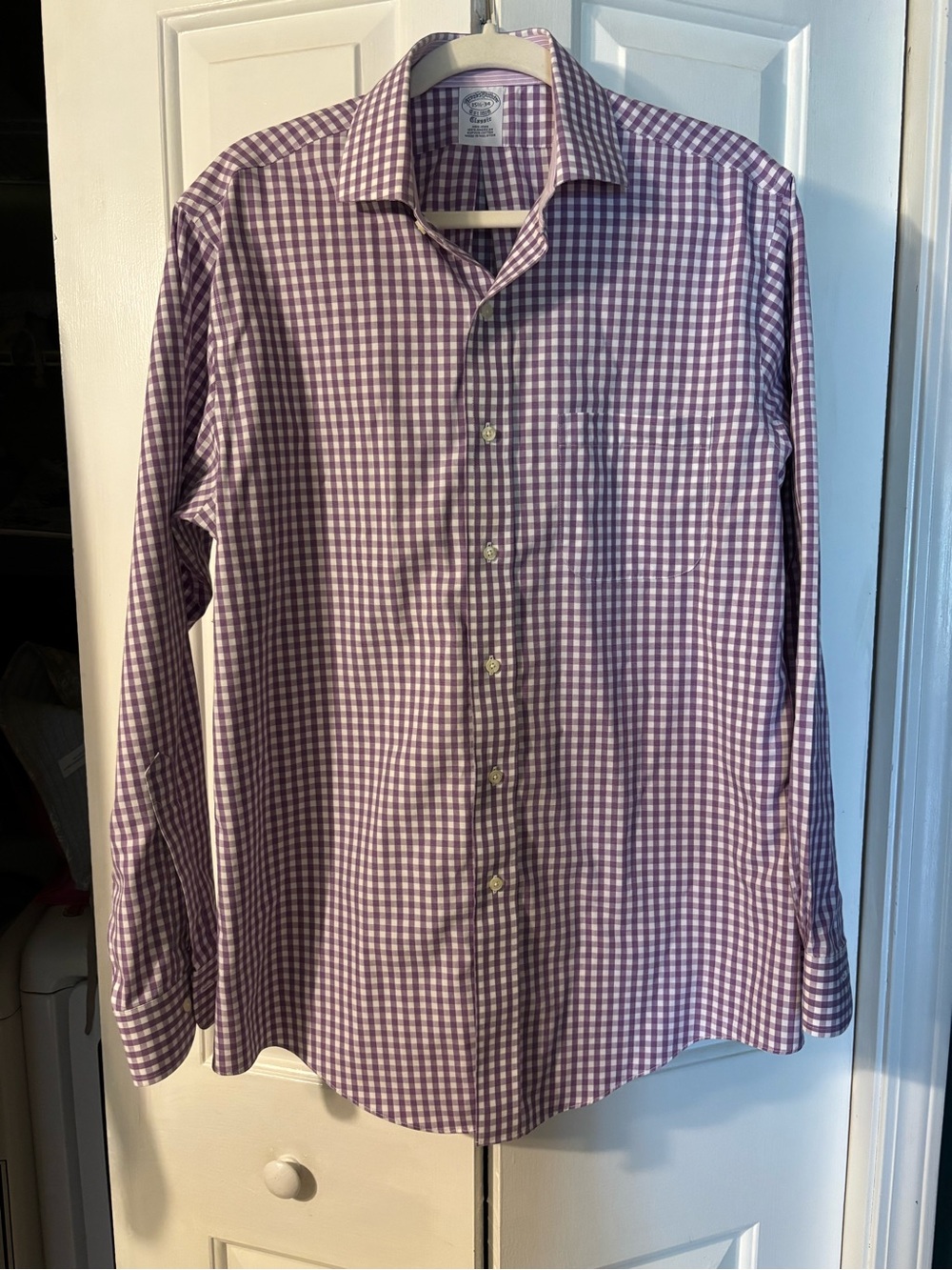 Brooks Brothers Purple and White Gingham Spread Collar Dress Shirt